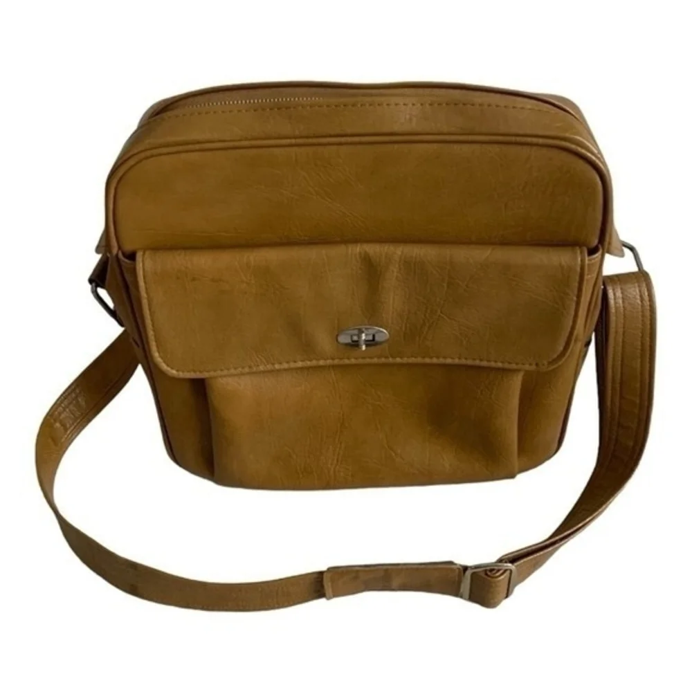 Vintage Samsonite Tan Vinyl Carry-On Messenger Travel Bag Good